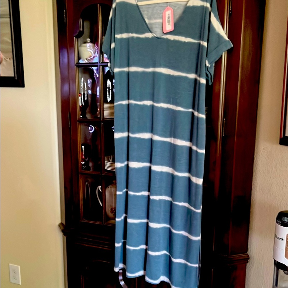 First Love Maxi Dress Blue and White w v-neck and side slits